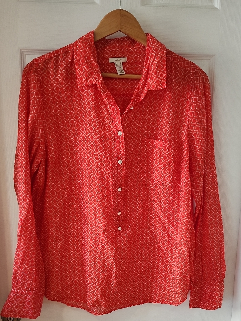 J. Crew Coral-Red Geometric Print Long-Sleeve Button-Down Shirt